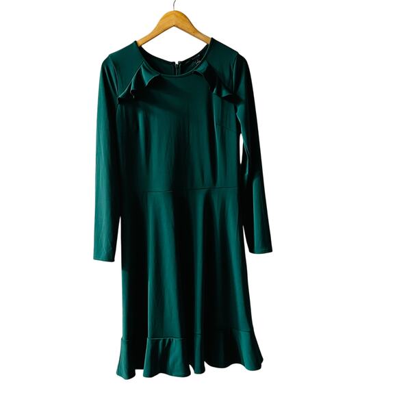 Ann Taylor Ruffle Long Sleeve Dress Size 6 Tall Hunter Green - Picture 4 of 8